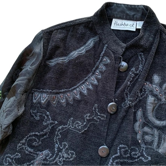 Flashback Tapestry Embroidered Beaded Buttoned Cotton Jacket Black Size Large - Picture 3 of 7
